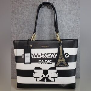 Karl Lagerfeld Paris Black & White Striped Tote Bag NWT